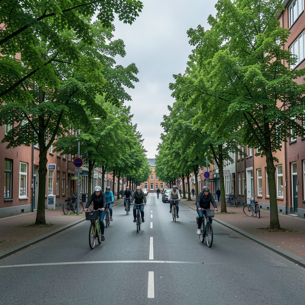 Aarhus gadebillede med cyklister, grønne træer og køligt nordisk lys