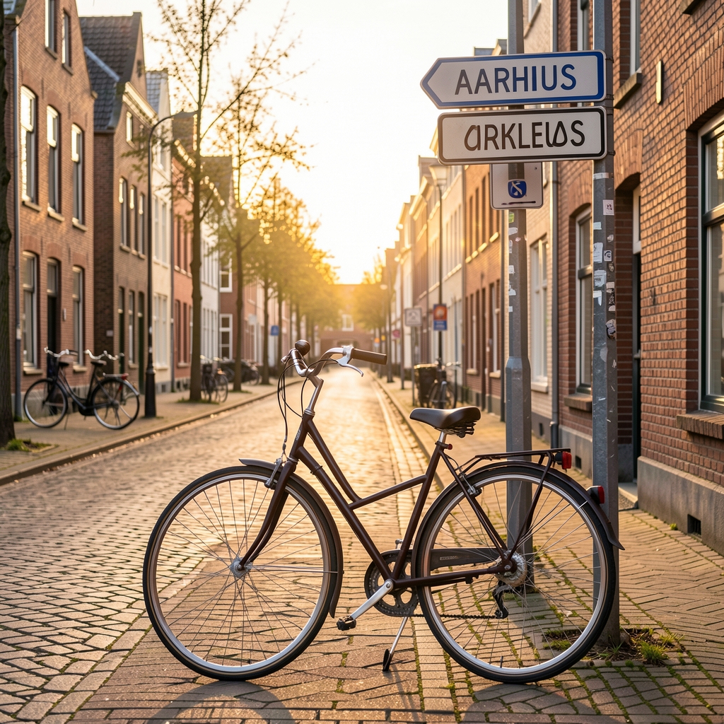 Cykel ved brostensbelagt gade i Aarhus med skilt og eftermiddagslys