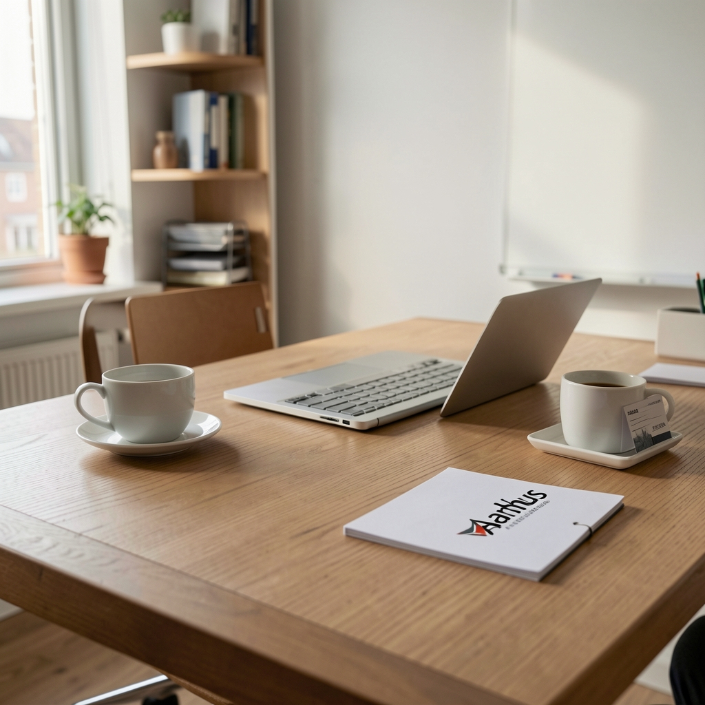 Nordisk kontor med skrivebord, kaffe og adressekort fra Aarhus