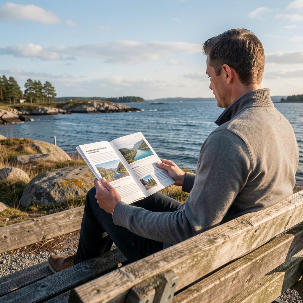 Person der læser en informationsguide på bænk ved dansk kystlandskab