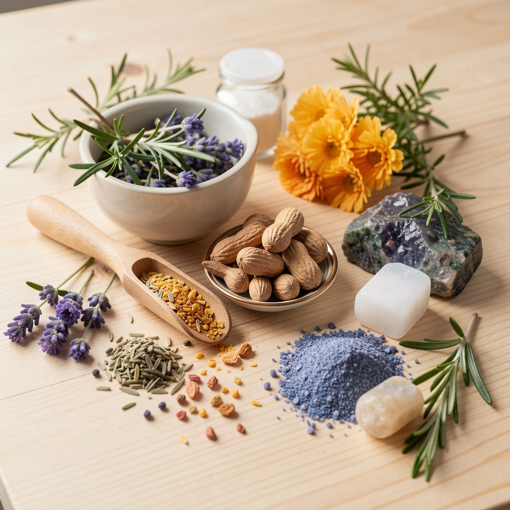 Udvalgte naturlige ingredienser, urter og mineraler arrangeret på en lys træoverflade