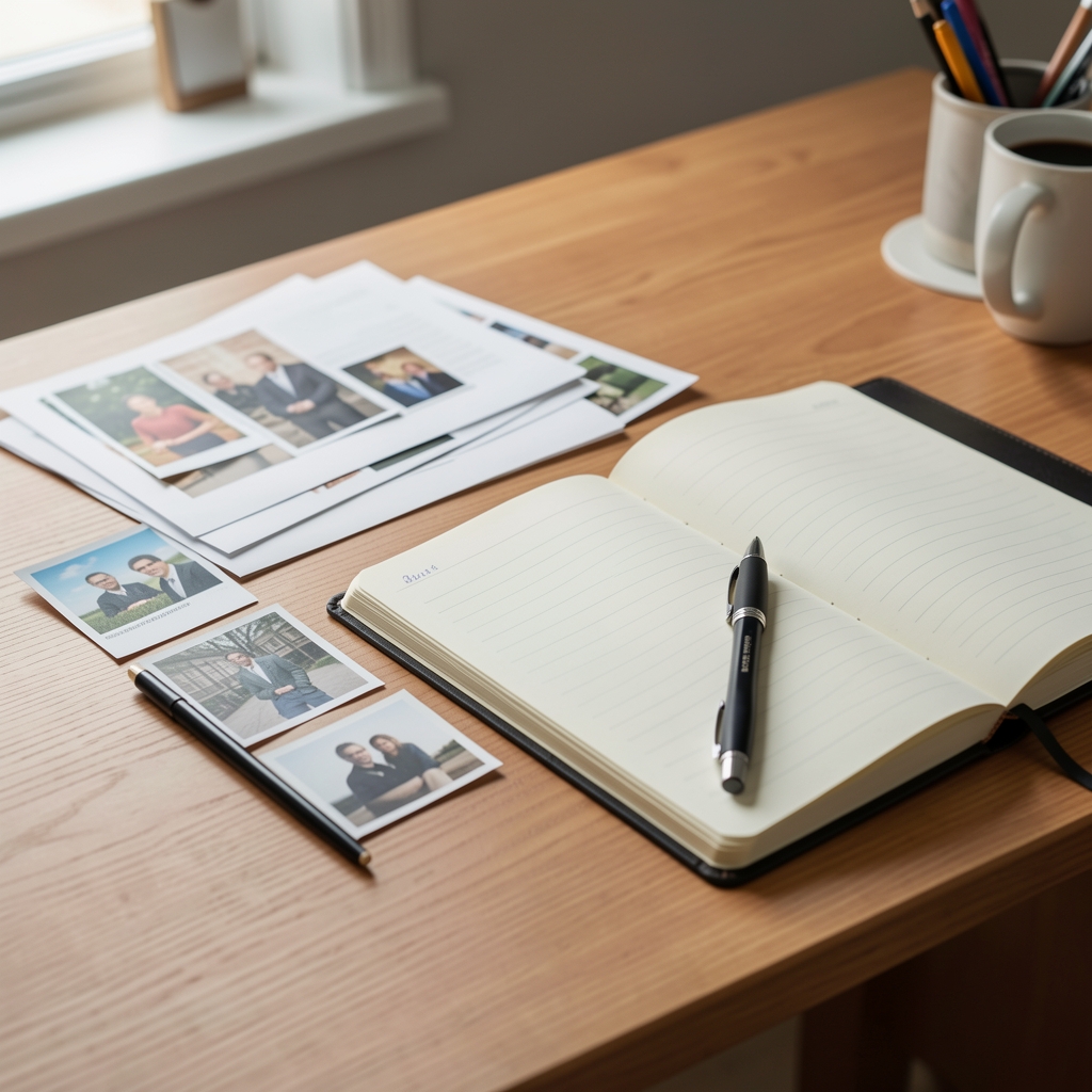 Redaktionelt arbejdsbord med markerede kilder, blyant og åben notesbog