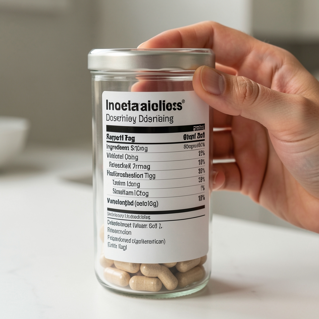 Nærbillede af en hånd der læser ingrediensliste og dosering på et kosttilskudsglas